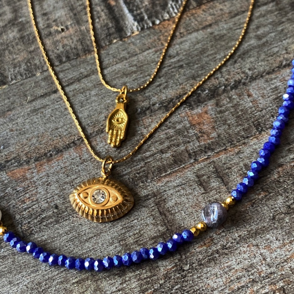 NEW Gold Hamsa & Evil Eye Layered Blue Semiprecious Stone Necklace Set
